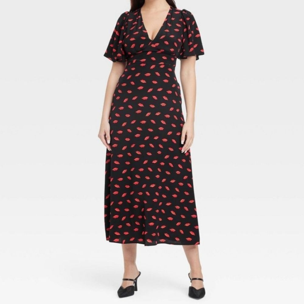 A New Day Blsck And Red Lip Print V-neck Midi Dress, 16